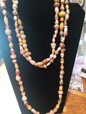 African Handmade Multicolor Paper Bead Necklace - Yellow & Red Accent